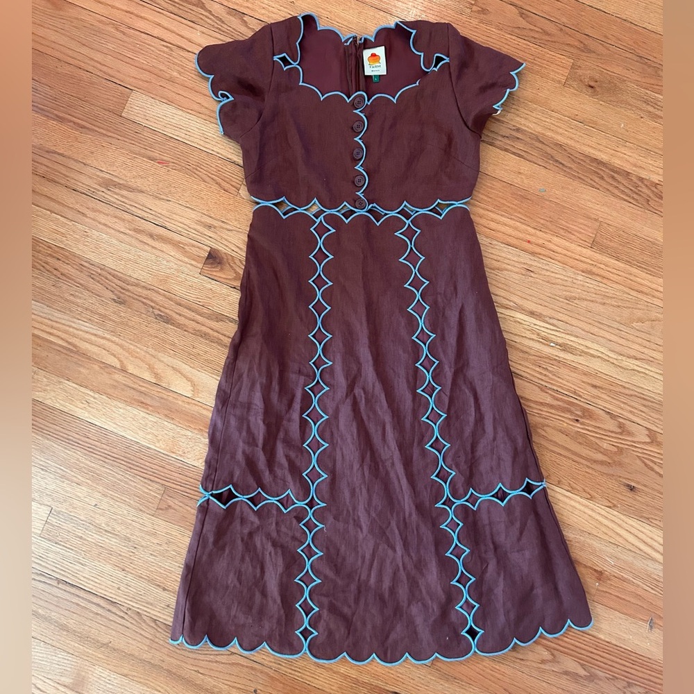 FARM RIO Brown Linen Midi Dress